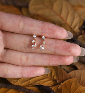 Dainty Leaf Diamond Dangle Earrings - Elegant Yellow Gold Moissanite Drop Earrings - Classic Minimalist Women Birthday Gift by
