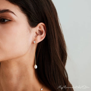 Dainty Pearl Drop Earrings with Diamond, Gold Dangle Earrings, Bridal Earrings, Long Pearl Earrings, Wedding Jewelry,Bridesmaid Gift for Her