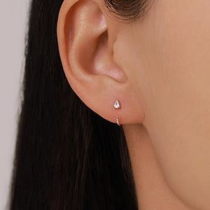 Clear CZ Droplet Huggie Hoop Earrings in Sterling Silver, Tiny Pear Cut CZ Open Hoops, Pull through Threaders, Half Hoops