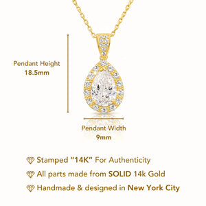 14K Yellow Gold Pear Pendant Necklace, Teardrop Halo CZ Pendant