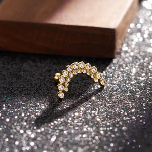 14K Solid Gold Invisible Set Diamond Apsara Curve Threaded Stud Earring/Ball-End Earring with Double Row CZ Cartilage, Helix, Conch Piercing