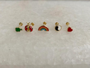 14K Solid Gold Rainbow Stud Earrings – Secure Screw Back Helix Cartilage Jewelry.