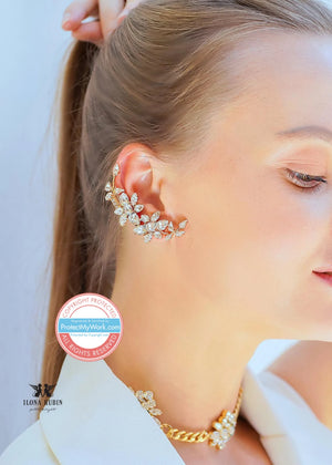 Ear Climber Earrings, Bridal Ear Cuff Earrings, Bridal Climber Crystal Earrings, Silver Ear Cuff Earrings, Trending Bridal Emerald Earrings