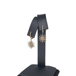 14K Yellow Gold Diamond Starburst Dangle Huggie Earrings