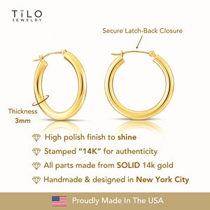 14K Gold Classic Hoop Earrings, Solid 14K Yellow Gold Chunky Hoops, Bold and Classy 3Mm, Designed & Handmade by TILO Jewelry