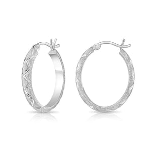 Elegant 925 Sterling Silver Hand Engraved Diamond Cut Hoop Earrings.