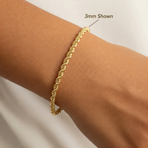 14K Yellow Gold Rope Chain Bracelet, Lobster Lock