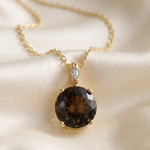 Elegant 14K Yellow Gold Smoky Quartz and Diamond Pendant Necklace.