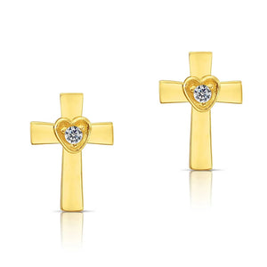 10K Yellow Gold Cross & Heart Stud Earrings with Center Stone