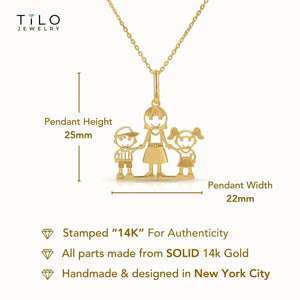Beautiful 14K Yellow Gold Mom and Children Pendant Necklace.