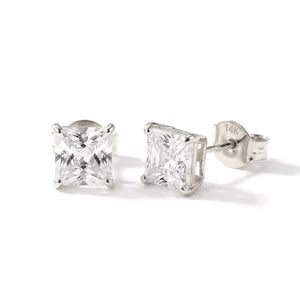 14K Solid White Gold Earrings, Square Studs with Cubic Zirconia Stones and 14K Solid Gold Butterfly Push-Backings, by TILO Jewelry