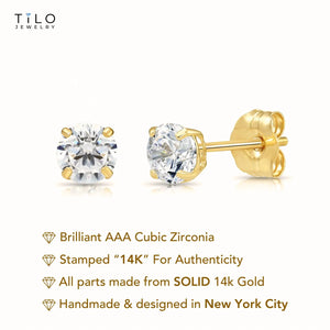14K Solid Yellow Gold Basket Set round CZ Stud Earrings, Push Back Simulated Diamond Studs, Sleeper Cz Studs, Unisex, by TILO Jewelry