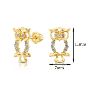 10K Yellow Gold Owl Stud Earrings, with Screwbacks