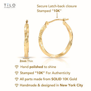 10K Yellow Gold Twisted Classic Hoop Earrings, Diamond-Cut round Hoops, Solid Yellow Gold Shiny Hoops, Handmade with Love, by TILO Jewelry