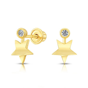 10K Yellow Gold Star and Solitaire Screwback Stud Earrings