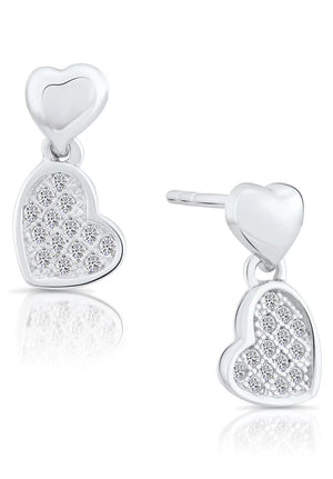 Stunning CZ Double Heart Dangle Stud Earrings in Elegant Sterling Silver.