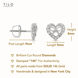 14K White Gold Heart & Ribbon Lab Diamond Studs, 0.20Ctw, Screwback