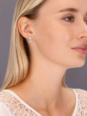 CZ Daisy Flower Stud Earrings, Two Leaf in Sterling Silver