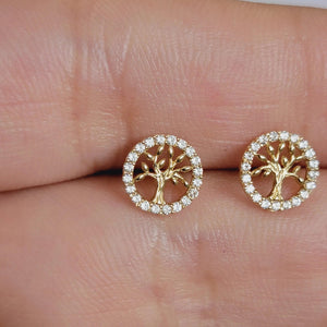 14K Gold Diamond Tree of Life Earrings – Elegant and Meaningful Studs for Everyday Luxury and Special Occasions.