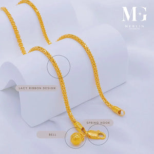 22K 916 Gold (1.7Mm) Lacy Ribbon Chain Anklet with Dangle Bell