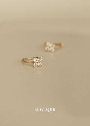 9K Solid Gold Flower Hoop Earrings, CZ Diamond Huggie Earrings