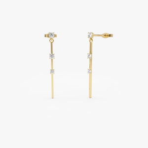 Gold Linear Bar Triple Diamond Drop Earrings, 14K Gold Bar Earrings, 0.28 Ctw Diamond Station Dangle Earrings, Trendy Earring Gift for Her