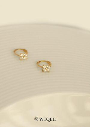 9K Solid Gold Flower Hoop Earrings, CZ Diamond Huggie Earrings