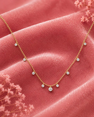 18K Solid Gold Diamond Station Necklace, Dainty Dangling Diamond Necklace, Minimal Drop Necklace, Everyday Wear Fine Jewelry Gift for Women.