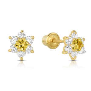 14K Yellow Gold Birthstone Halo Flower Stud Earrings, Available in 12 Colors