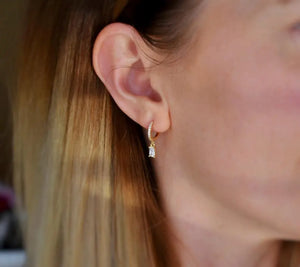 Gold Baguette Earrings, Baguette Dangle Hoops, Emerald Cut Dangle Earrings, Silver Diamond Simulant Huggie Earrings, Crystal Drop Earrings