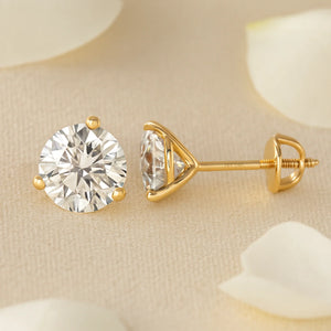 14K Yellow Gold Brilliant-Cut Lab Diamond Studs, Classic Martini 3-Prong Setting, Screwback
