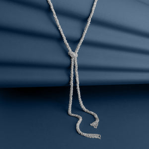 SILVER WOVEN THREAD LARIAT KNOT NECKLACE