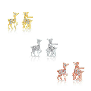 CZ Deer Stud Earrings, Gold Plated in Sterling Silver