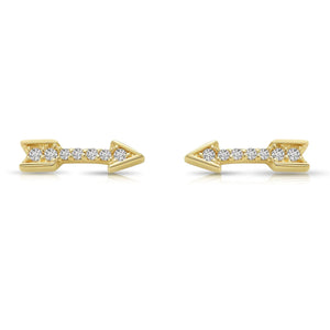14K Solid Yellow Gold Tiny CZ Arrow Studs, with Screw on Screwbacks