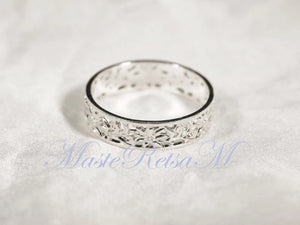 ZP160- Handmade Sterling Silver Openwork Pattern Floral Ring: 18K Gold Vermeil Vintage Band