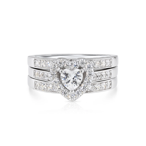 Radiant CZ Heart Three-Tier Engagement Ring Set in Sterling Silver - Perfect Bridal Ring Set for Proposals, Weddings, and Anniversaries.