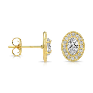14K Yellow Gold Oval CZ Halo Stud Earrings
