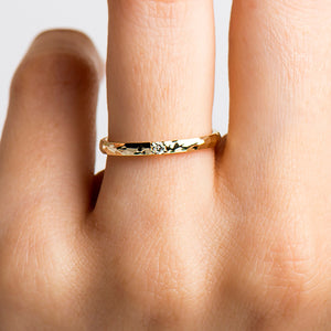 2 Mm Hammered Textured Ring, Single Diamond Ring, 14K / 18K Yellow Gold, Stack Diamond Band, Tiny Diamond Ring, Wedding Band, Promise Ring