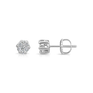 Stunning 14K White Gold 0.25 Carat Diamond Cluster Screw-Back Stud Earrings.