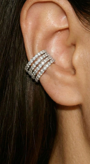 Silver Multi-Band Ear Cuff, No Piercing Sparkling Cartilage Hoop, 4-Row Pave Diamond Conch Earring
