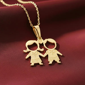 Stunning 14K Yellow Gold Heart Pendant Necklace Featuring Adorable Boy & Girl Design.
