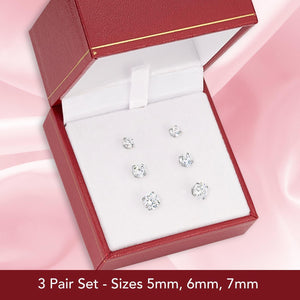 Elegant 14K Solid White Gold Screw Back Round CZ Basket Set Stud Earrings - Set of 3 Pairs.