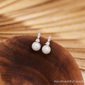 Minimalist CZ Diamond Pearl Earrings, Freshwater Pearl Earrings, Elegant Pearl Dangles, Wedding Pearl Jewelry, Bridesmaid Gift, Gift for Mom