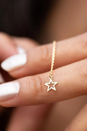Dainty 14K Solid Gold Star Threader Earrings – Elegant Long Chain Sparkle for Any Occasion.