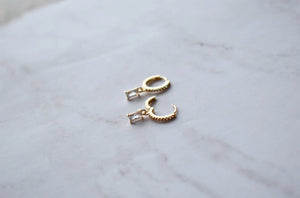 Gold Baguette Earrings, Baguette Dangle Hoops, Emerald Cut Dangle Earrings, Silver Diamond Simulant Huggie Earrings, Crystal Drop Earrings