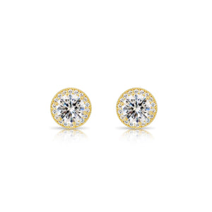 Stunning 10K Yellow Gold Large Round Cubic Zirconia Halo Stud Earrings.