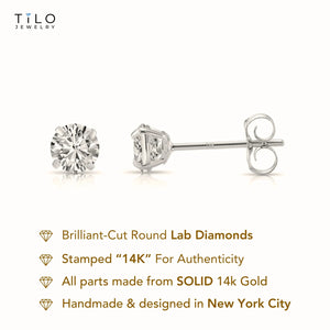14K White Gold Lab Diamond Stud Earrings, CVD Brilliant Solitaire round Diamond Studs, Pushback