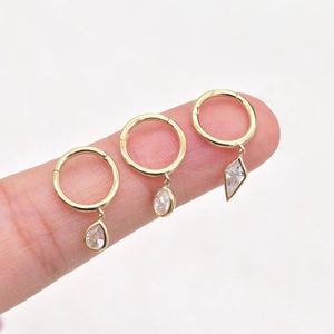 14K Solid Gold Dangle Charm Hoop Earring Dainty Drop Earring Dangle Rhombus Oval Dangling Charm Clicker Dangle Earring Cartilage Hoop 16G