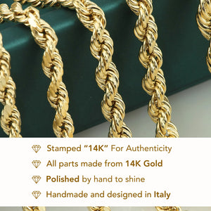 14K Yellow Gold Rope Chain Bracelet, Lobster Lock