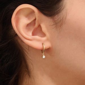 14K Solid Gold Diamond Drop Hoop Earrings, Dainty Bezel Diamond Charm Hoops, Huggie Drop Earrings for Women, Luxury Bridal Jewelry